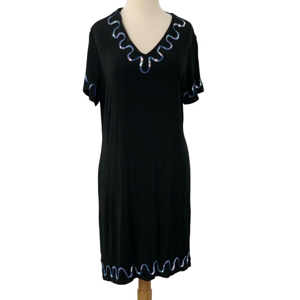 Double D Ranch Short Sleeve Black Slinky V-Neck Dress Iridescent Blue Sequins M